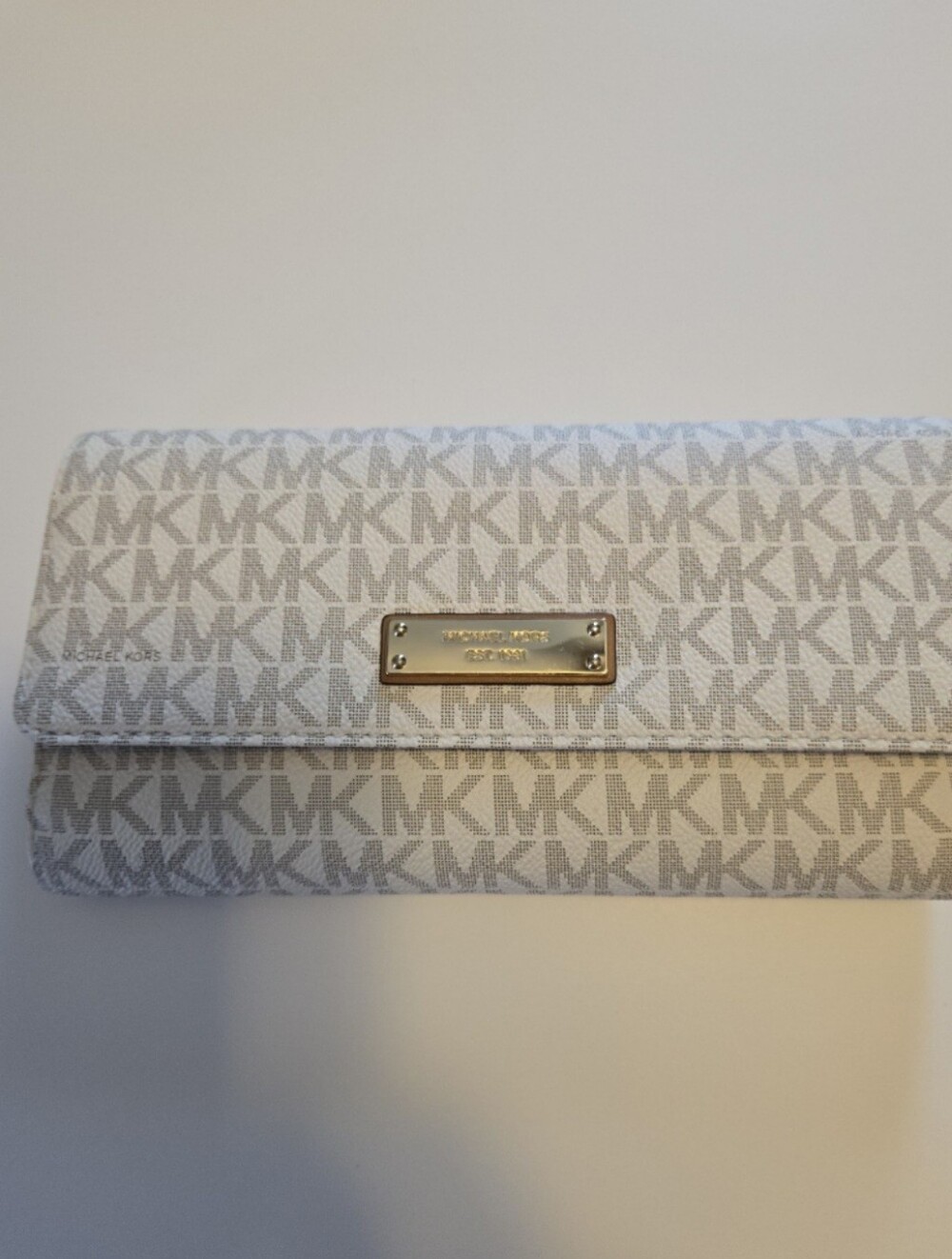 Michael Kors Ivory MK Logo Continental Wallet with Gold Plate